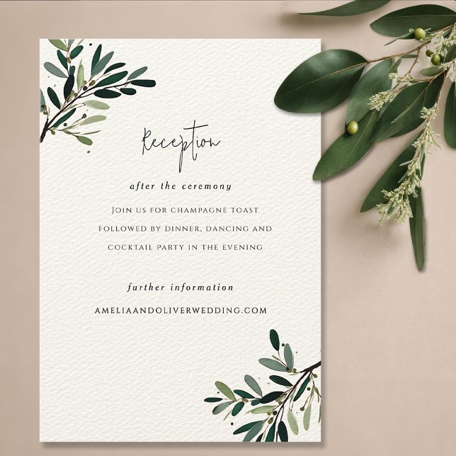 Carte D'accompagnement Élégant Mariage de branche d'olivier (Olive tree branch wedding invitation suite reception card, olive green watercolor reception invite)