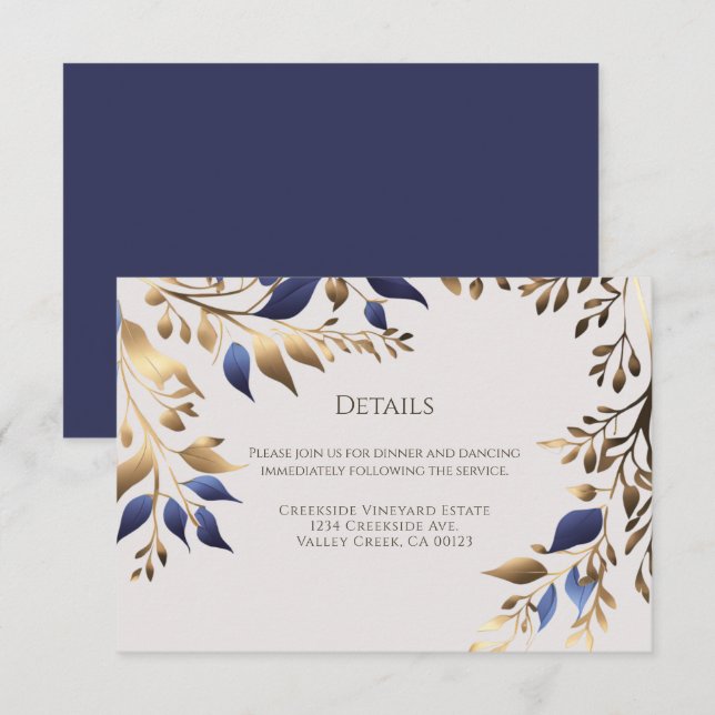 Carte D'accompagnement Élégant Mariage en or bleu feuille verte (Devant / Derrière)