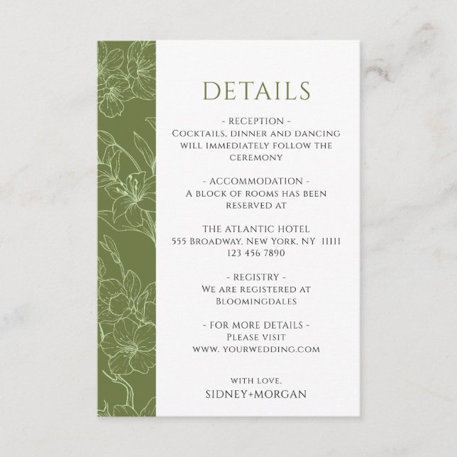 Carte D'accompagnement Elégant Mariage Floral Sage Green Détails (Devant)