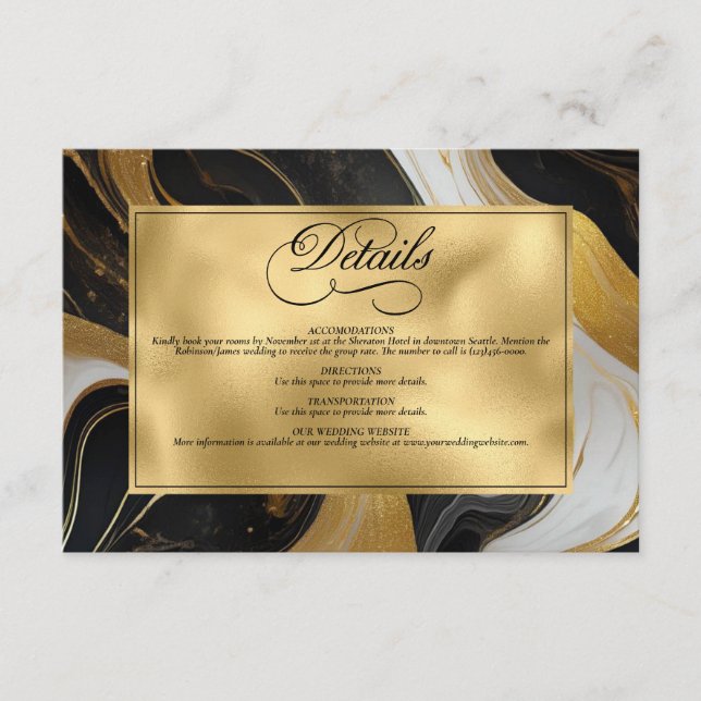 Carte D'accompagnement Elégant Mariage marbré Faux Gold, noir et blanc (Devant)