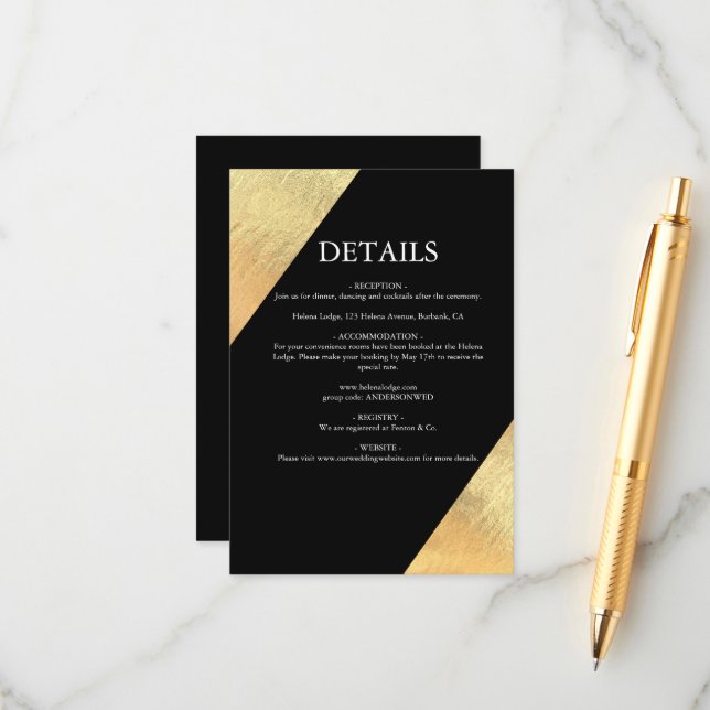 Carte D'accompagnement Élégant Mariage moderne Black & Gold Foil (Devant/Arrière en situation)