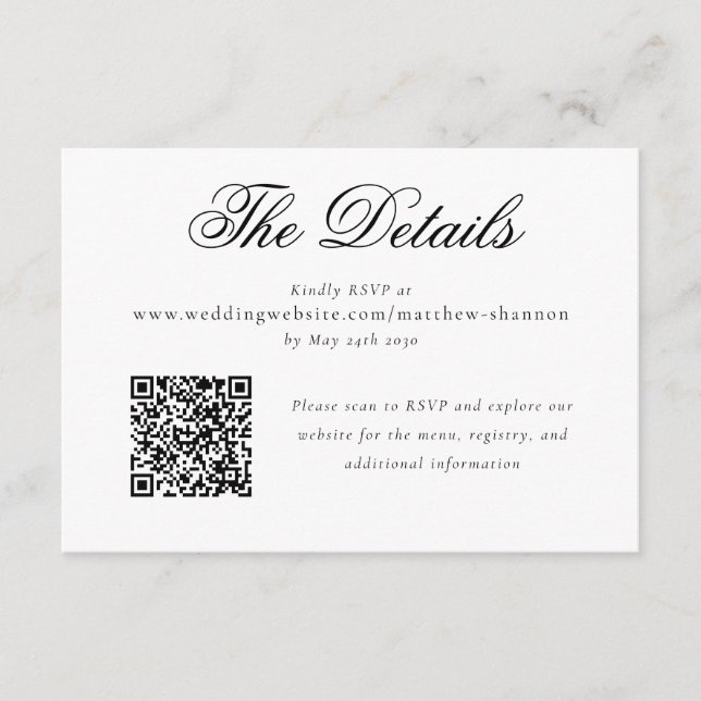 Carte D'accompagnement Élégant Mariage Noir et Blanc Détails RSVP Script (Devant)