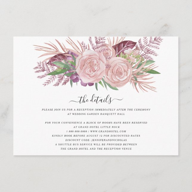 Carte D'accompagnement Élégant Mariage rose (Devant)