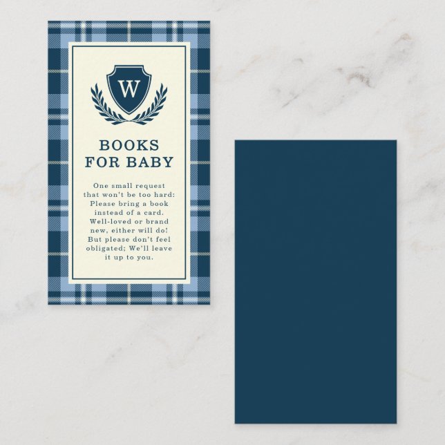 Carte D'accompagnement Elégant Marine Blue Plaid Monogrammes Livres Pour  (Devant / Derrière)