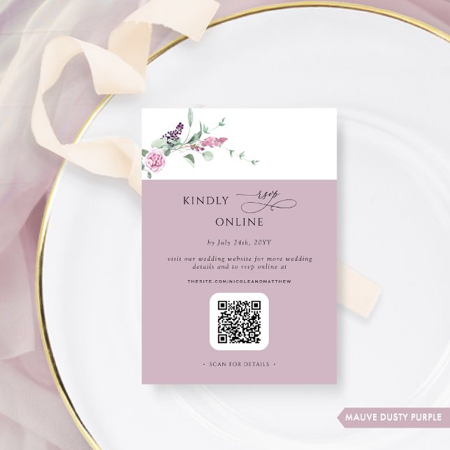 Carte D'accompagnement Elégant Mauve Pastel Floral RSVP Online, QR Code (Créateur téléchargé)