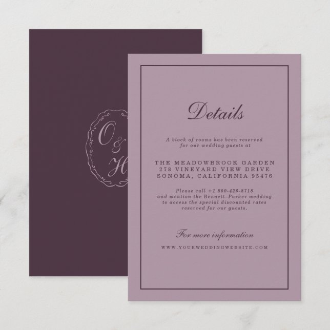 Carte D'accompagnement Elegant Mauve Plum Wedding Details Card (Devant / Derrière)