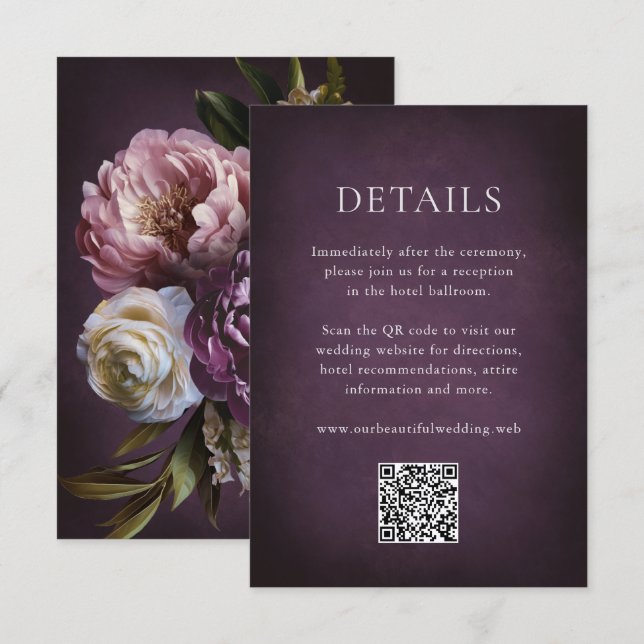 Carte D'accompagnement Elegant Maximalist Purple Floral QR Code Wedding (Devant / Derrière)