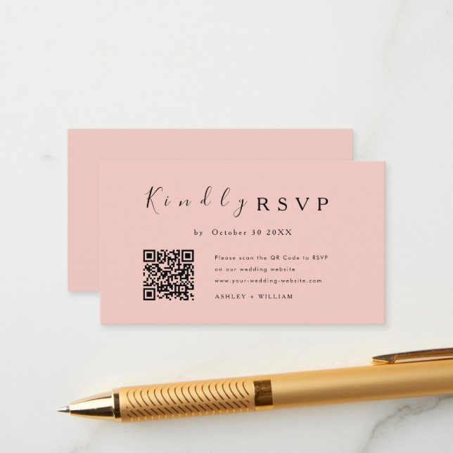 Carte D'accompagnement Élégant minimal Rsvp Qr Code Mariage rose pâle (Devant/Arrière en situation)