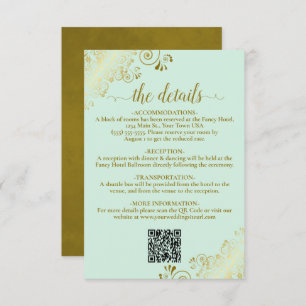 Carte D'accompagnement Elegant Mint Green & Gold Mariage QR Code Détails