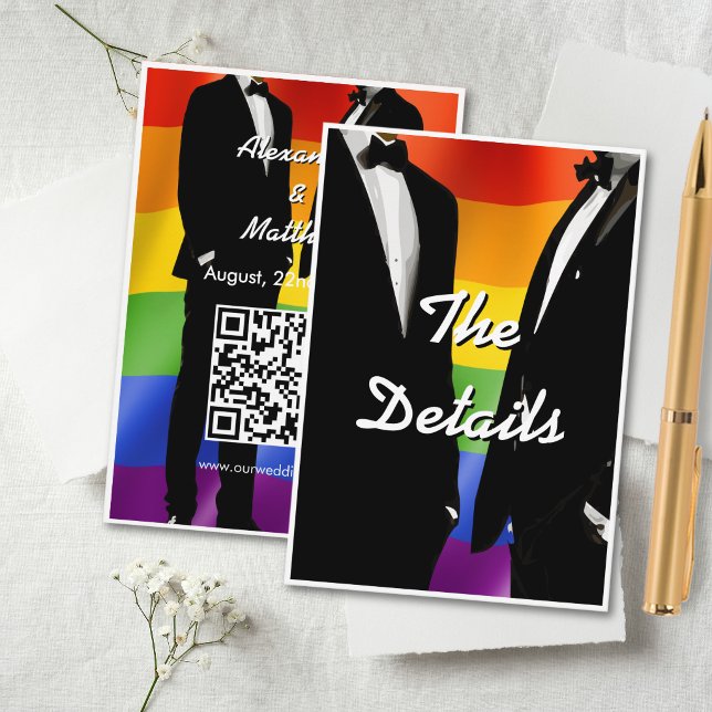 Carte D'accompagnement Elegant Modern Gay Men Wedding Rainbow QR Code (Créateur téléchargé)