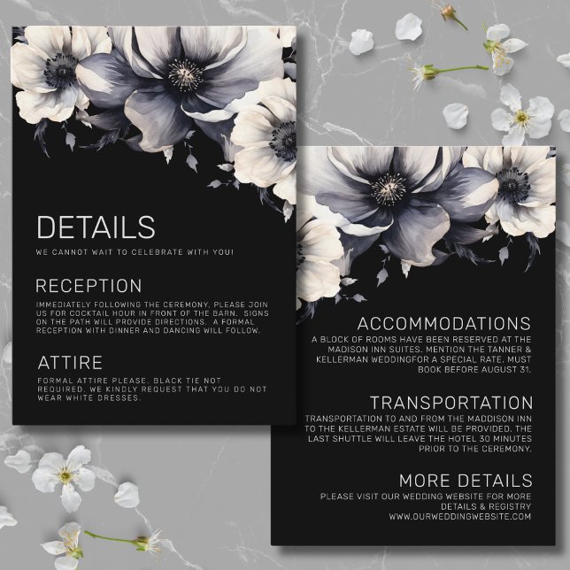 Carte D'accompagnement Elégant moderne Black Floral Détails Mariage (Elegant Modern Black Floral Wedding Details Enclosure Card)