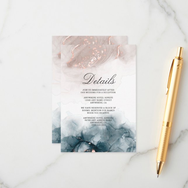 Carte D'accompagnement Élégant moderne Encre d'alcool Or Blush Bleu Minim (Devant/Arrière en situation)