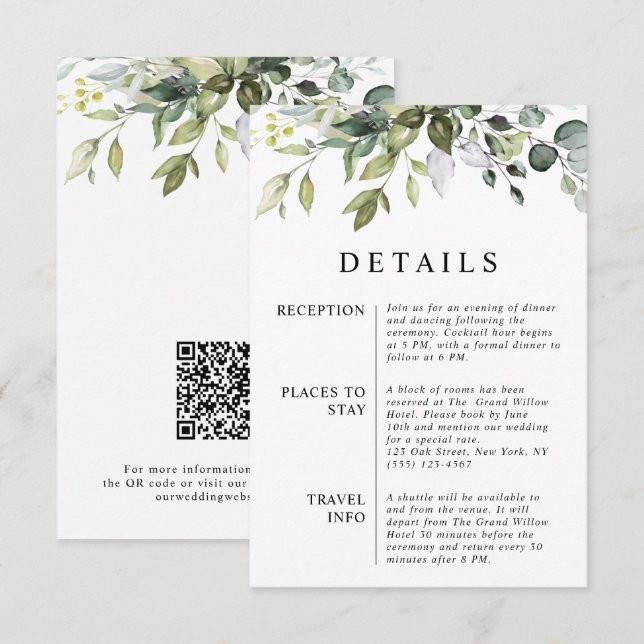 Carte D'accompagnement Élégant Moderne Feuilles d'Eucalyptus Code QR Mari (Devant / Derrière)