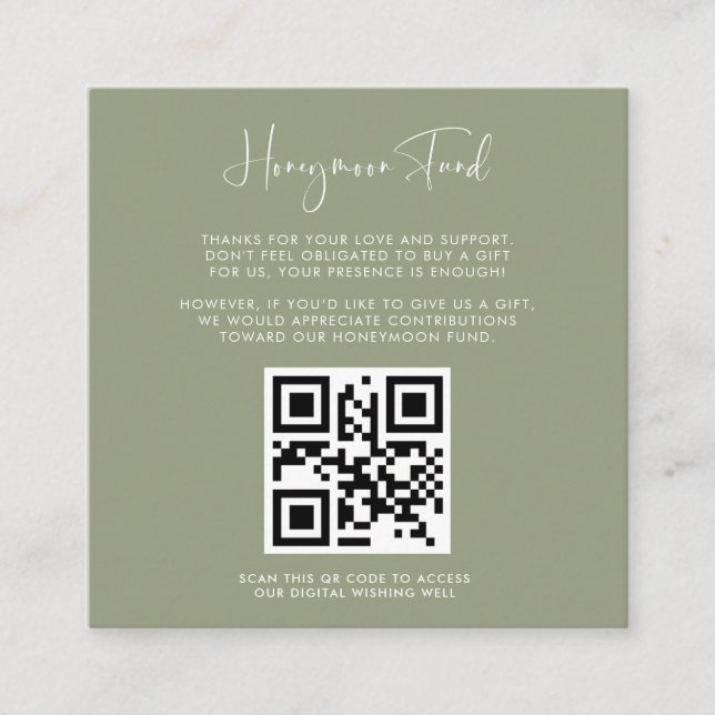Carte D'accompagnement Elégant & moderne Sage Honeymoon fund Code QR (Devant)