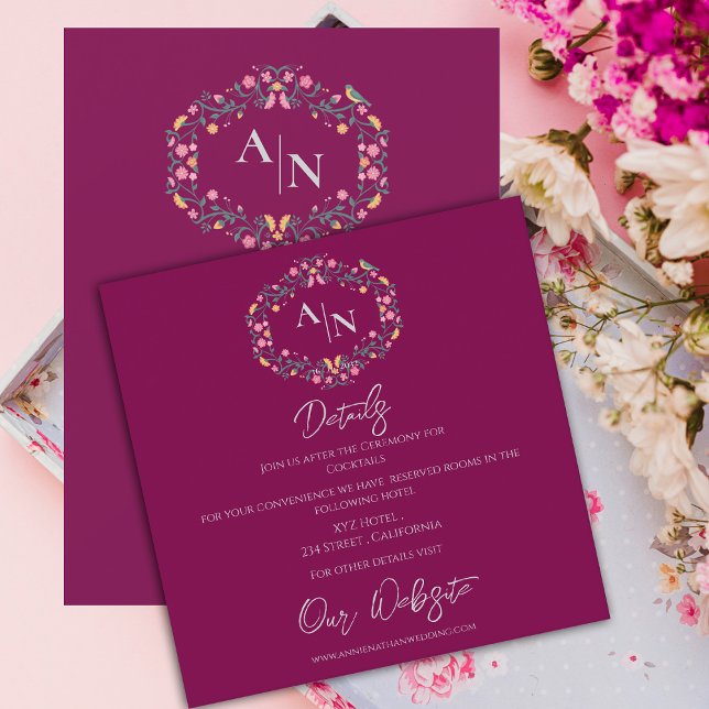 Carte D'accompagnement Elégant Monogram Floral Frame Mariage Détails (Elegant Monogram Floral Frame Wedding Details Enclosure Card)