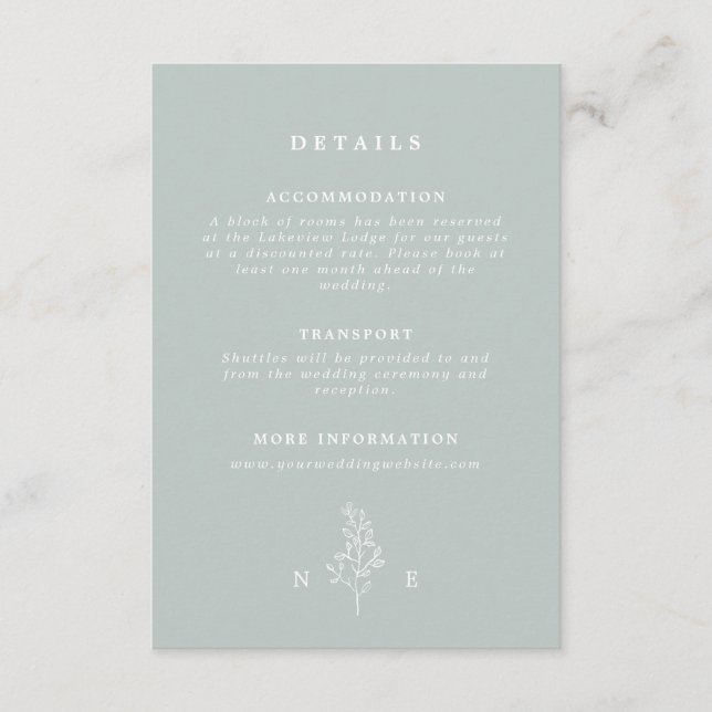 Carte D'accompagnement Elégant Monogram Leaf Sage Green Mariage Détails (Devant)