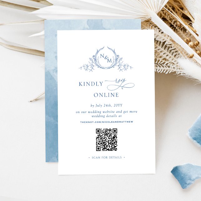 Carte D'accompagnement Élégant Monogramme Bleu RSVP en ligne QR Code (Créateur téléchargé)