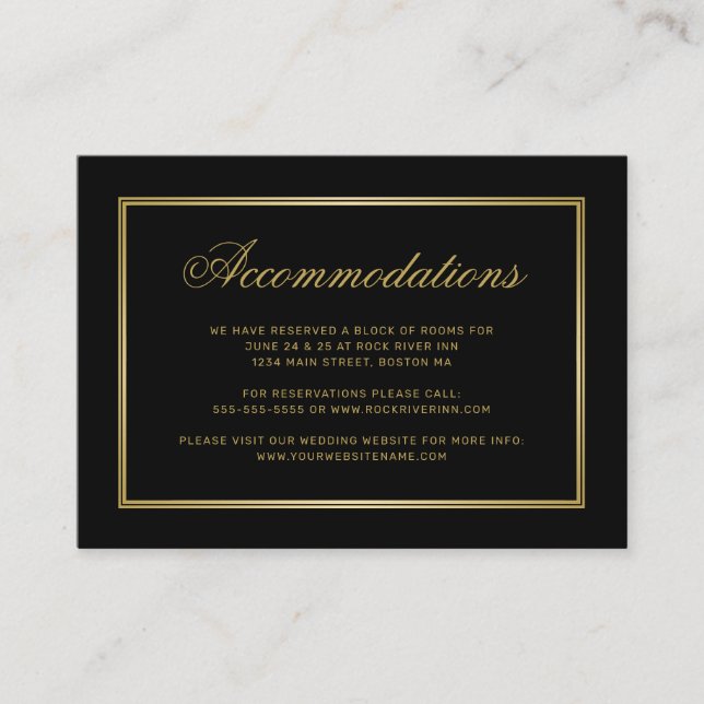 Carte D'accompagnement Élégant Monogramme d'or noir Mariage Hébergements (Devant)