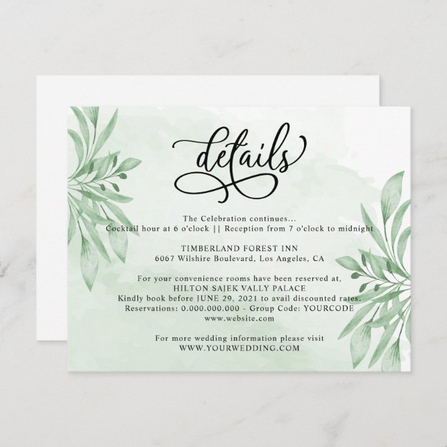 Carte D'accompagnement Elégant Moody Eucalyptus Green Détails Mariage (Devant / Derrière)