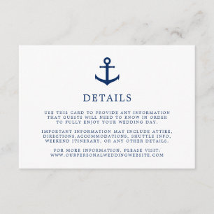 Carte D'accompagnement Elegant Nautical Navy Blue Ancre Détails du Mariag