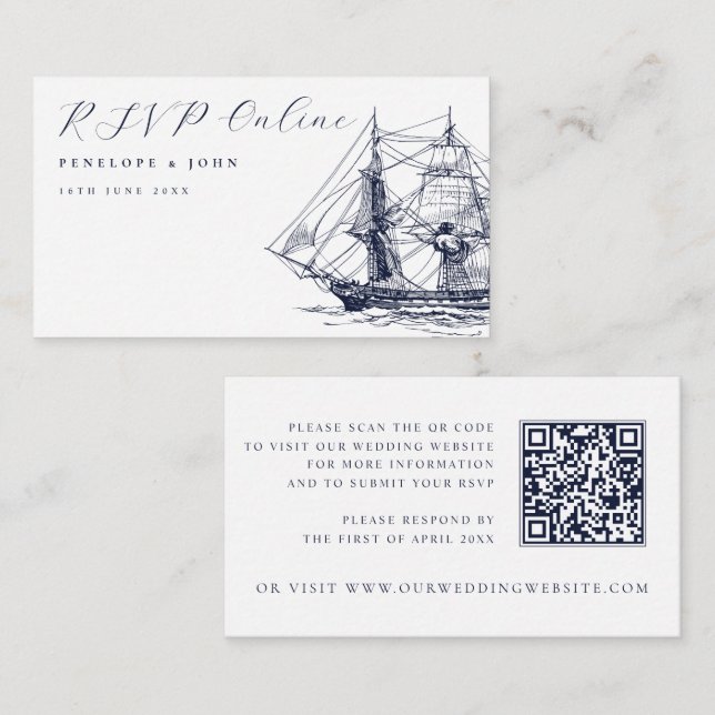 Carte D'accompagnement Elegant Nautical Ship Illustration Wedding Website (Devant / Derrière)