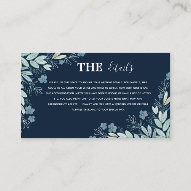 Carte D'accompagnement Elegant Navy Blue Botanical Détails Mariage (Devant)