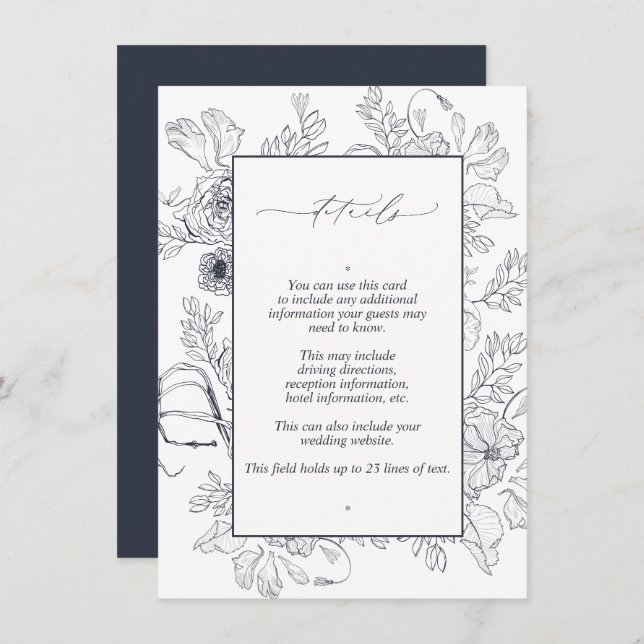 Carte D'accompagnement Elegant Navy Blue Floral Line Art Mariage Détails (Devant / Derrière)