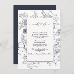 Carte D'accompagnement Elegant Navy Blue Floral Line Art Mariage Détails