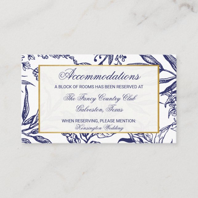 Carte D'accompagnement Elegant Navy Blue Gold Botanical Mariage Détails (Devant)
