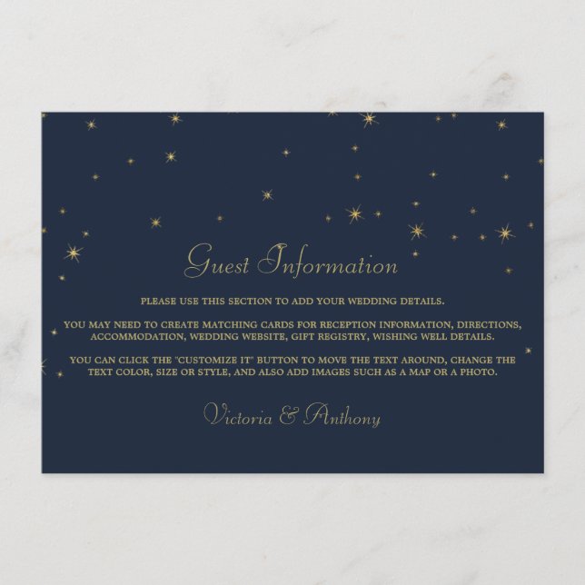 Carte D'accompagnement Elegant Navy & Gold Falling Stars Mariage Détails (Devant)