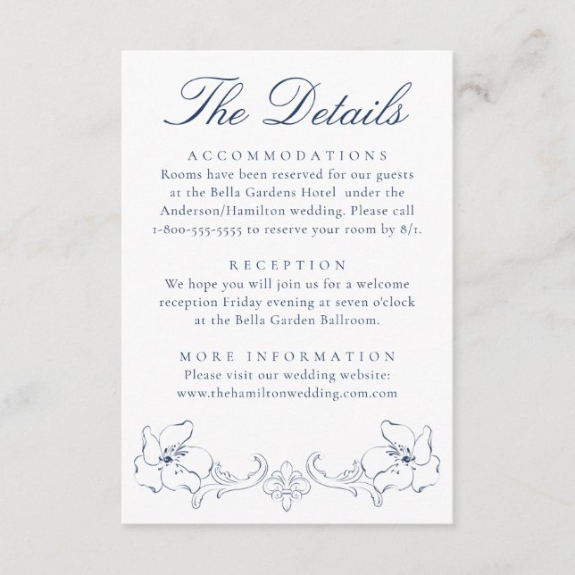 Carte D'accompagnement Elegant Navy Ornate Floral Wedding Details (Devant)