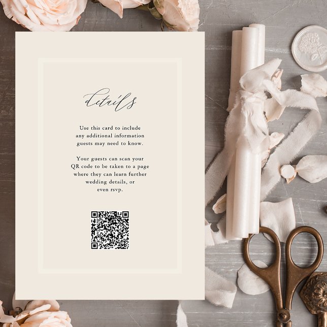 Carte D'accompagnement Elégant Neutre Moderne Détails Mariage QR Code (A simple, neutral wedding details card with QR code so your guests can visit your website or rsvp)