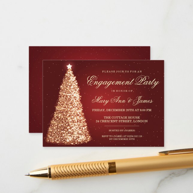 Carte D'accompagnement Élégant Noël Engagement Party Gold Red Invita (Devant/Arrière en situation)