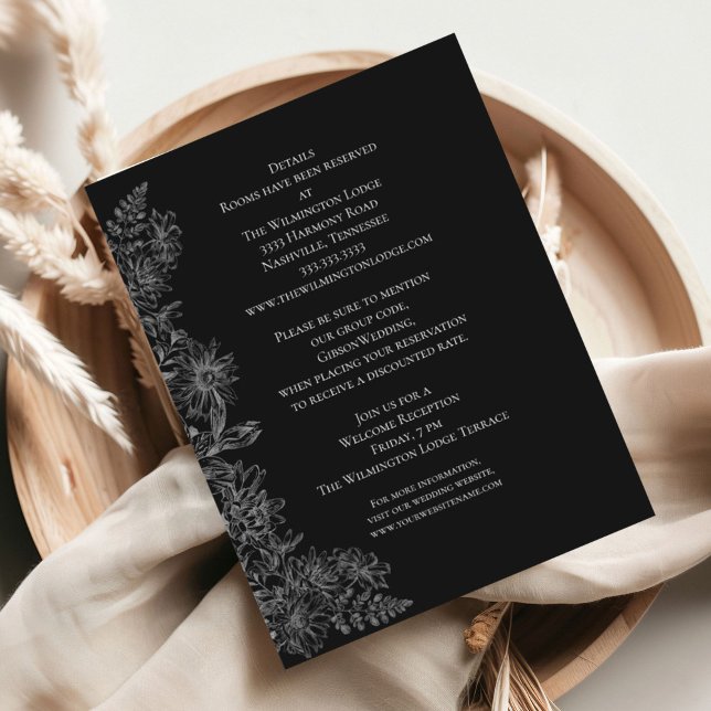 Carte D'accompagnement Elégant noir blanc Floral Détails Mariage Enclos (Créateur téléchargé)