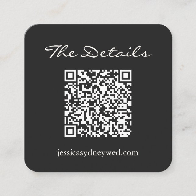 Carte D'accompagnement Élégant noir blanc Script Mariage Détails QR Code (Devant)