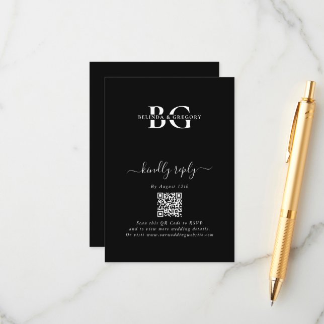 Carte D'accompagnement Élégant Noir et Blanc Monogramme Initiales Mariage (Devant/Arrière en situation)