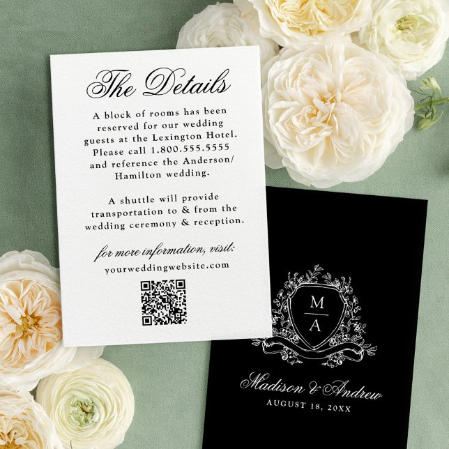Carte D'accompagnement Elégant noir floral Crest Détails du Mariage (Créateur téléchargé)
