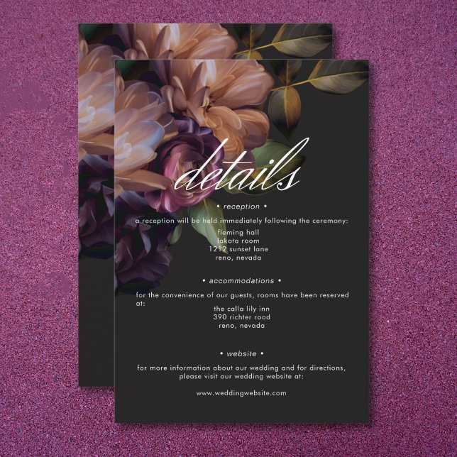 Carte D'accompagnement Elégant noir Moody Floral Détails du Mariage (Elegant Black Moody Floral Wedding Details Enclosure Card)