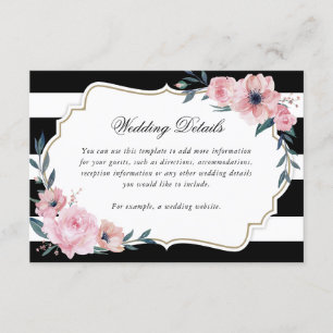 Carte D'accompagnement Élégant noir rayé rose floral Détails du Mariage