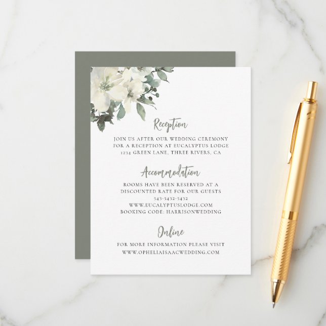 Carte D'accompagnement Elegant Olive Green Floral Wedding Enclosure Card (Devant/Arrière en situation)