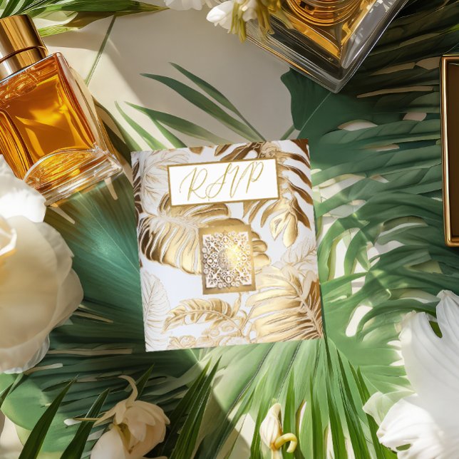 Carte D'accompagnement Elégant or doré Monstera Mariage QR Code RSVP (Créateur téléchargé)