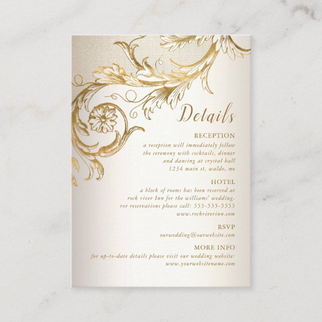 Carte D'accompagnement Elegant or Floral Damask Script Détails Mariage (Devant)