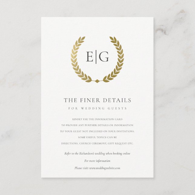CARTE D'ACCOMPAGNEMENT ÉLÉGANT OR FLORAL LAUREL WREATT MARIAGE DÉTAIL (Devant)