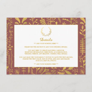 Carte D'accompagnement Elégant or Floral Wreath Mariage détails