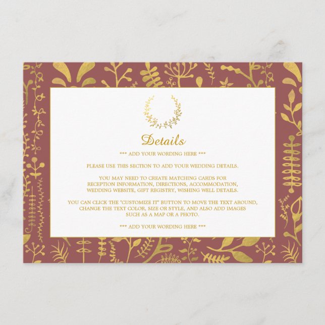 Carte D'accompagnement Elégant or Floral Wreath Mariage détails (Devant)