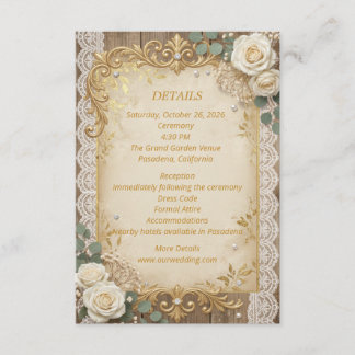 Carte D'accompagnement Élégant Or Rustique Dentelle Rose Ivoire Nœud Perl