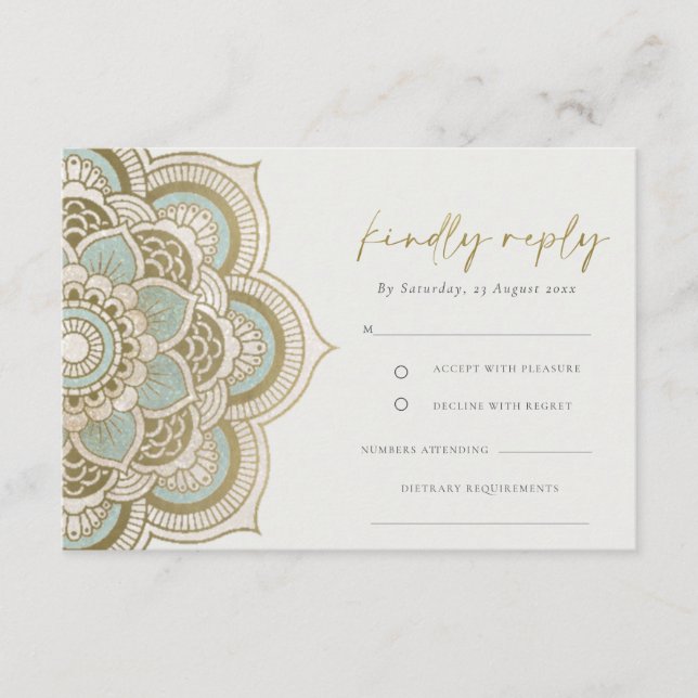 Carte D'accompagnement Elégant Ornate Gold Turquoise Mandala Wedding RSVP (Devant)