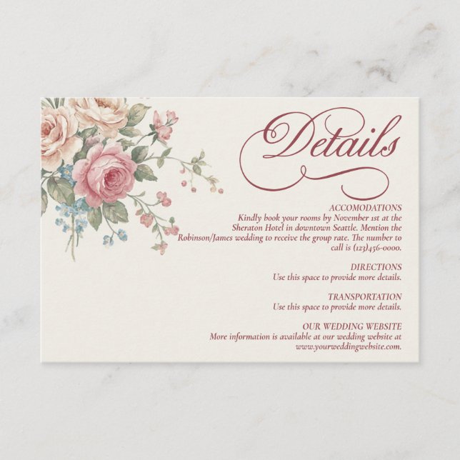Carte D'accompagnement Elegant Pastel Roses Shabby Chic Wedding (Devant)