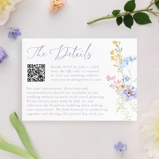 Carte D'accompagnement Elegant Pastel Wildflower QR Code Wedding Details (Créateur téléchargé)