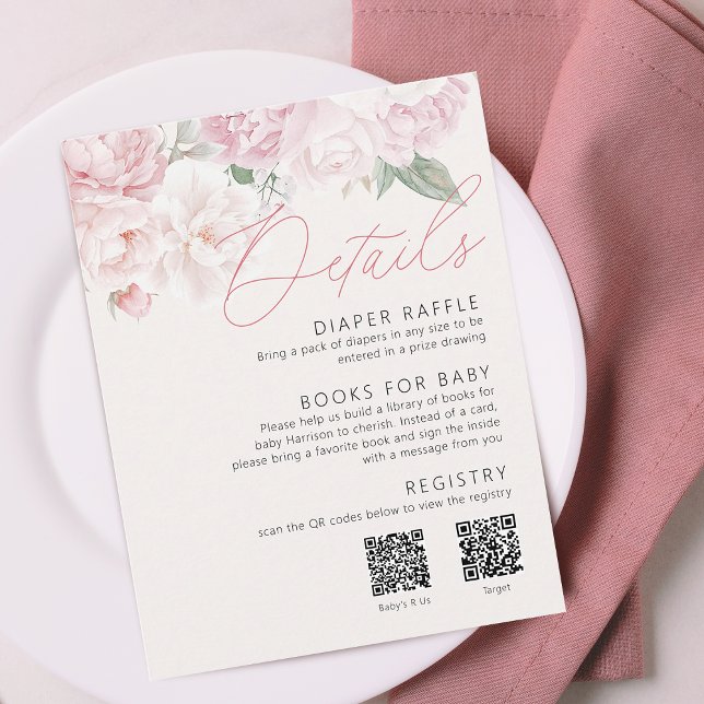 Carte D'accompagnement Elegant Peonies Girl Baby shower Détails 2 QR Code (Elegant Peonies Girl Baby Shower Details 2 QR Code Enclosure Card)